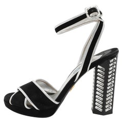 Prada Black/Silver Suede and Leather Ankle Strap Sandals Size 39.5