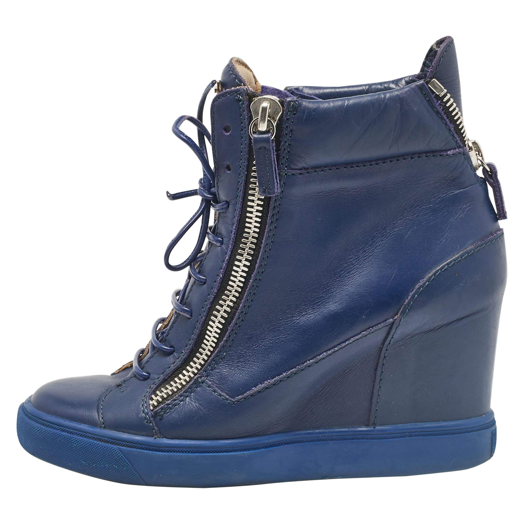 Giuseppe Zanotti Blue Leather Wedge Sneakers Size 39 For Sale