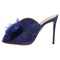 Aquazzura Navy Blue Suede Lotus Blossom Peep Toe Mules Size 38