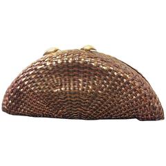 1980s Vecchi Brown Woven Leather Semicircular Clutch w Gold Clasp 2
