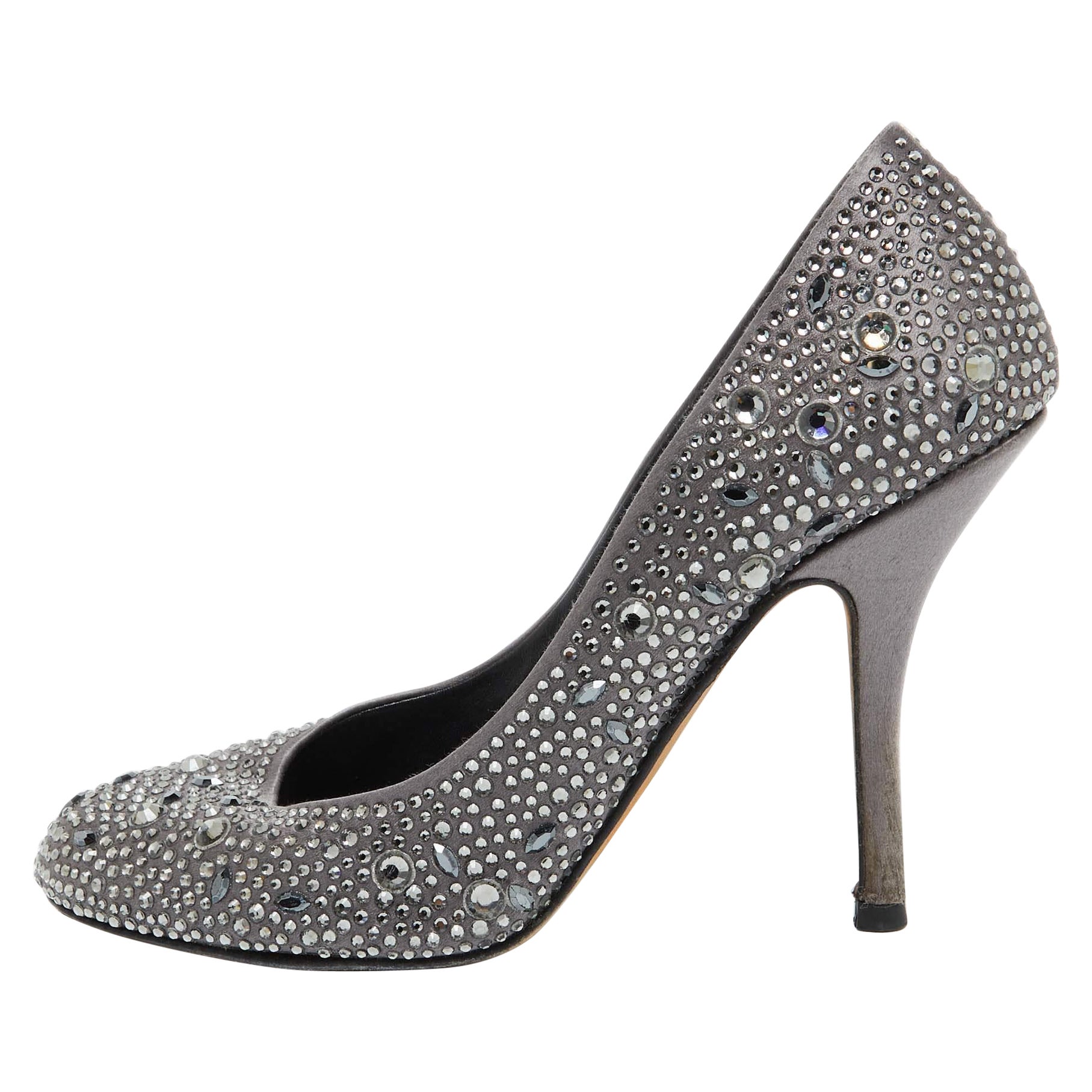 Gina Dark Grey Satin Crystal Embellished Pumps Size 38 For Sale
