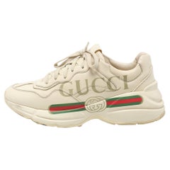 Gucci Cream Leather Rhyton Logo Low Top Sneakers Size 38