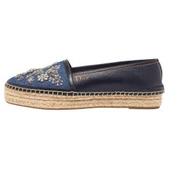 Dior Blue Leather and Denim Crystal Embellished Flat Espadrilles Size 38.5
