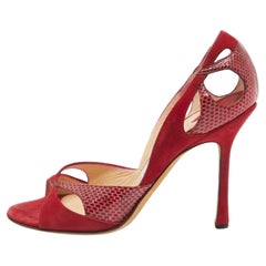Jimmy Choo Red Suede and Watersnake Cut Out Open Toe Pumps Size 39.5