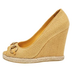 Gucci Yellow Raffia and Leather Charlotte Horsebit Wedge Pumps Size 38