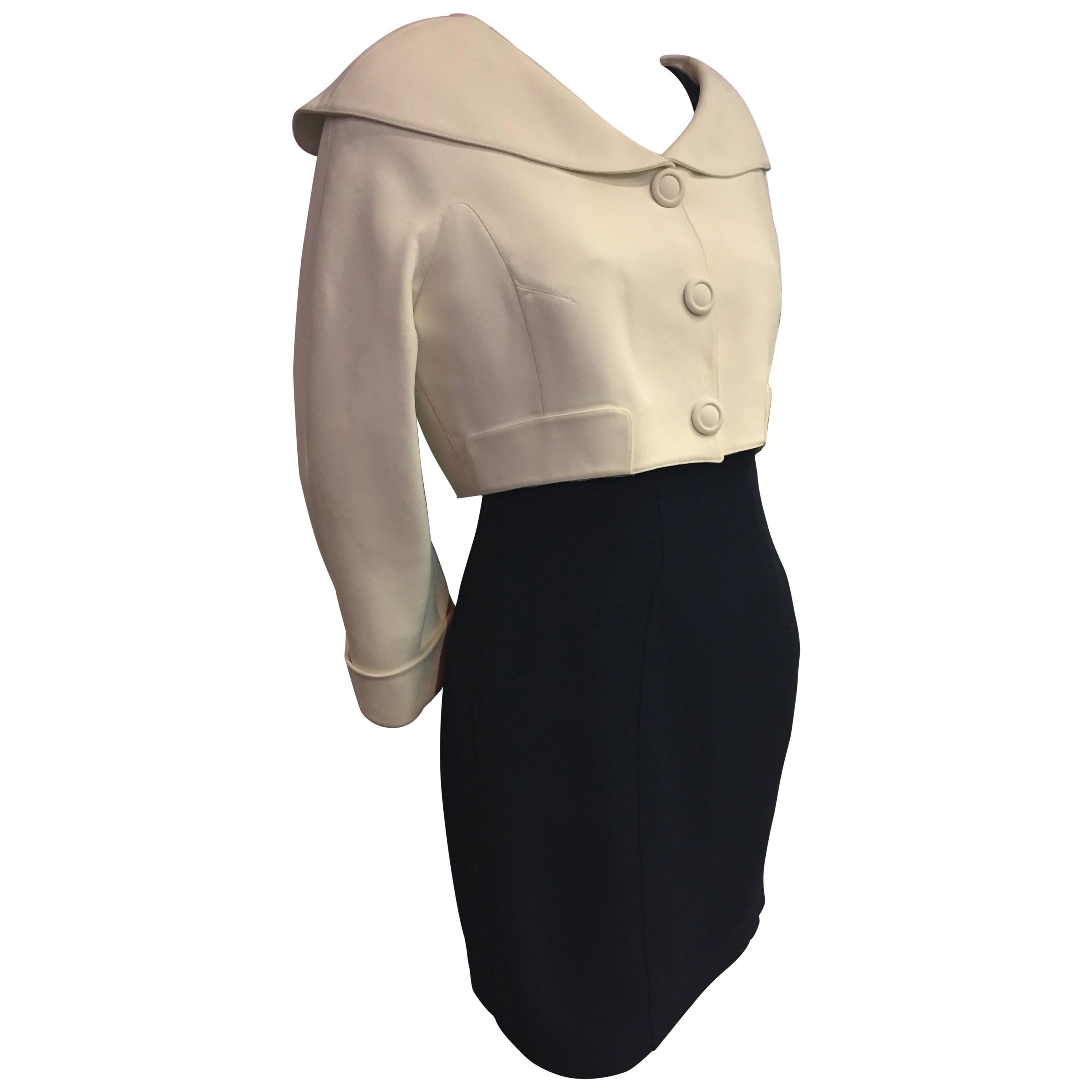 1980s Thierry Mugler 2-Piece "Sailor-Styled" Navy Dress w Cream Cropped Jacket