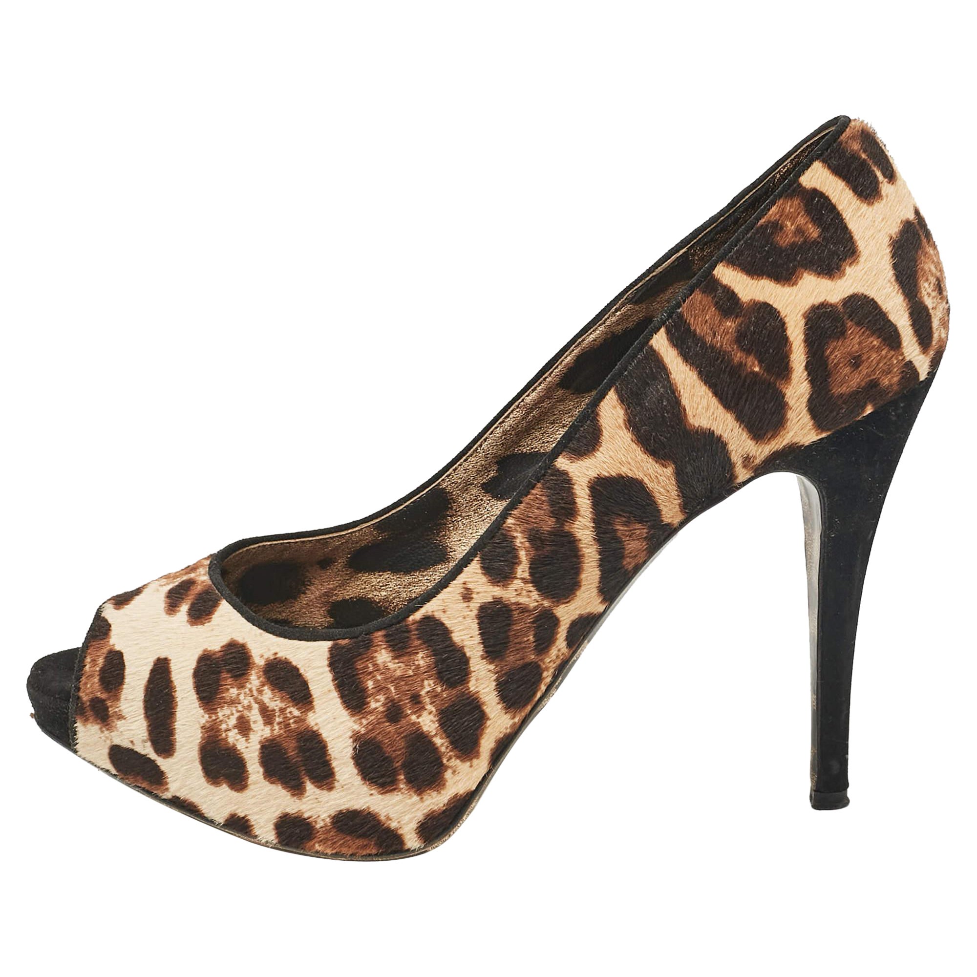 Dolce & Gabbana Brown Leopard Print Calf Hair Peep Toe Platform Pumps Size 40 For Sale