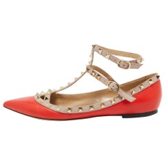Valentino Orange/Beige Leather Rockstud Ankle Strap Ballet Flats Size 41