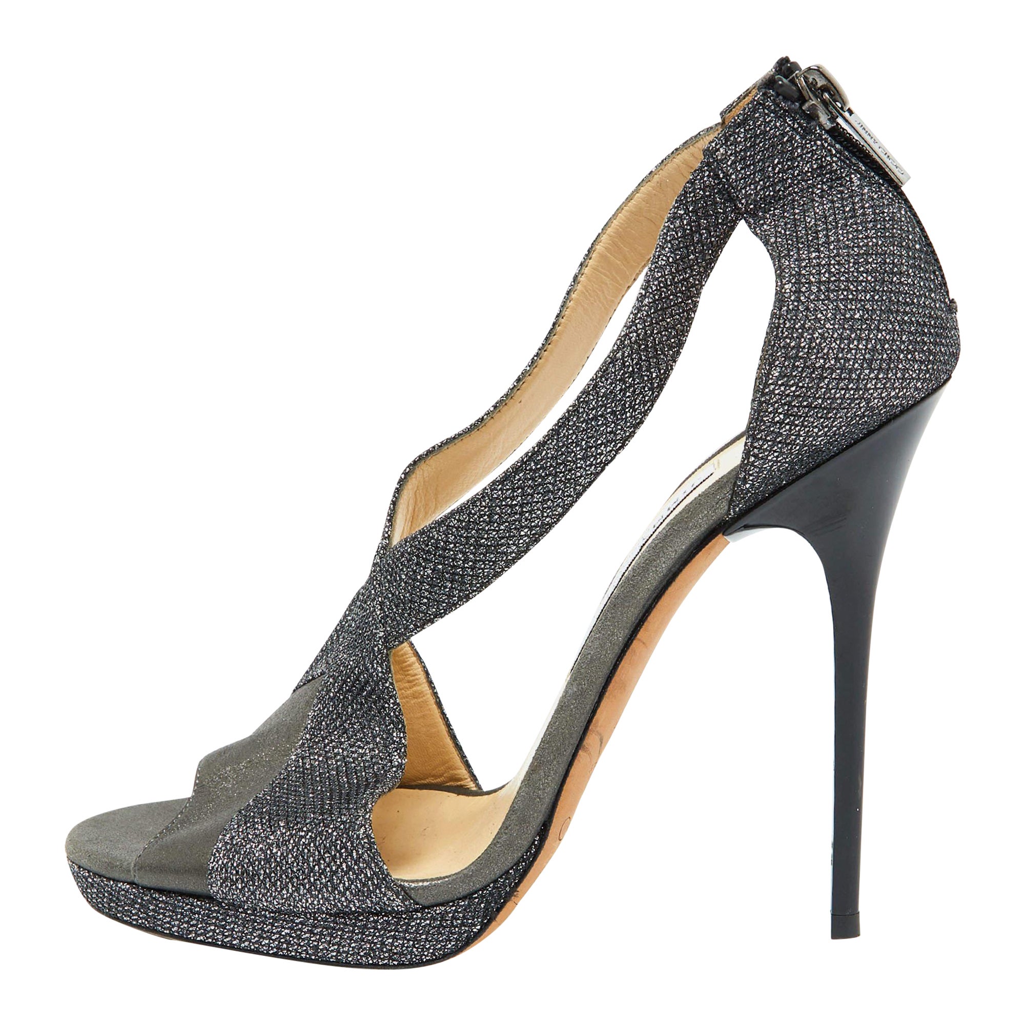 Jimmy Choo Sandali Open Toe in pelle grigia e glitter grossolani misura 39,5