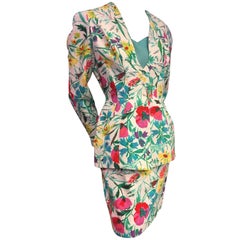 Retro 1980s Thierry Mugler 3-Piece Floral Print Sculptured Mini Skirt Suit w Blouse