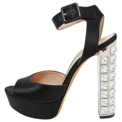 Miu Miu Black Satin Crystal Embellished Block Heel Platform Sandals Size 35.5