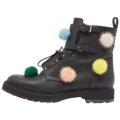 Fendi Black Leather and Mink Pompoms Biker Boots Size 39