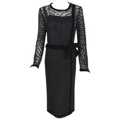 1973 Chanel Haute-Couture Black Guipure Lace & Velvet Illusion Cocktail Dress 2