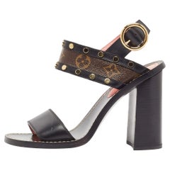 Louis Vuitton Black/Brown Monogram Canvas Leather Ankle Strap Sandals Size 37.5