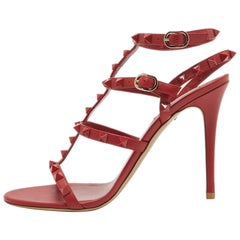 Valentino Red Leather Rockstud Ankle Strap Sandals Size 39.5