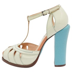 Fendi Off-white/Blue Patent Leather T-Strap Platform Sandals Size 36.5