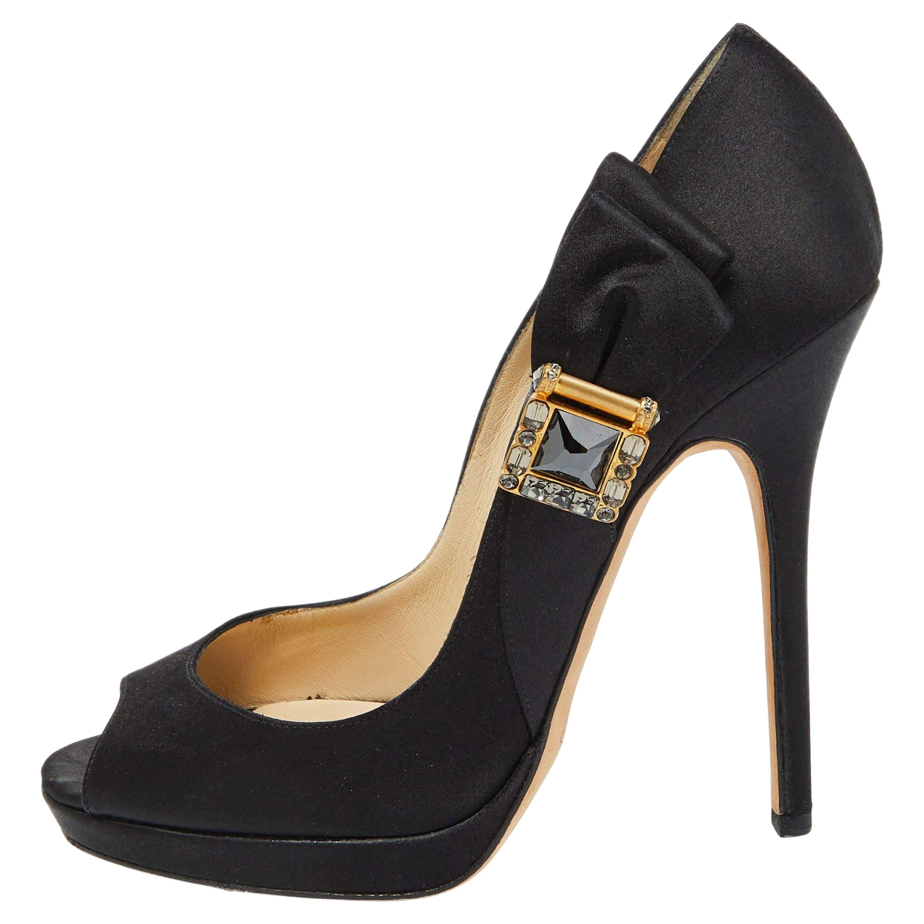 Jimmy Choo Black Satin Bow Pumps Size 38 For Sale