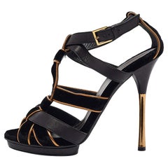 Gucci Black/Gold Leather and Suede Malika Ankle Strap Sandals Size 38