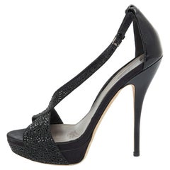 Gucci Black Satin Patent Leather Crystal Embellished Platform Sandals Size 39