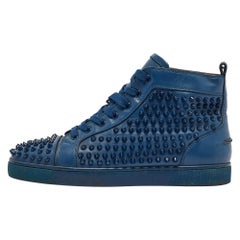Used Christian Louboutin Blue Leather Louis Spikes High Top Sneakers Size 41
