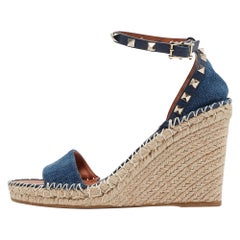 Valentino Navy Blue Denim Rockstud Wedge Sandals Size 39