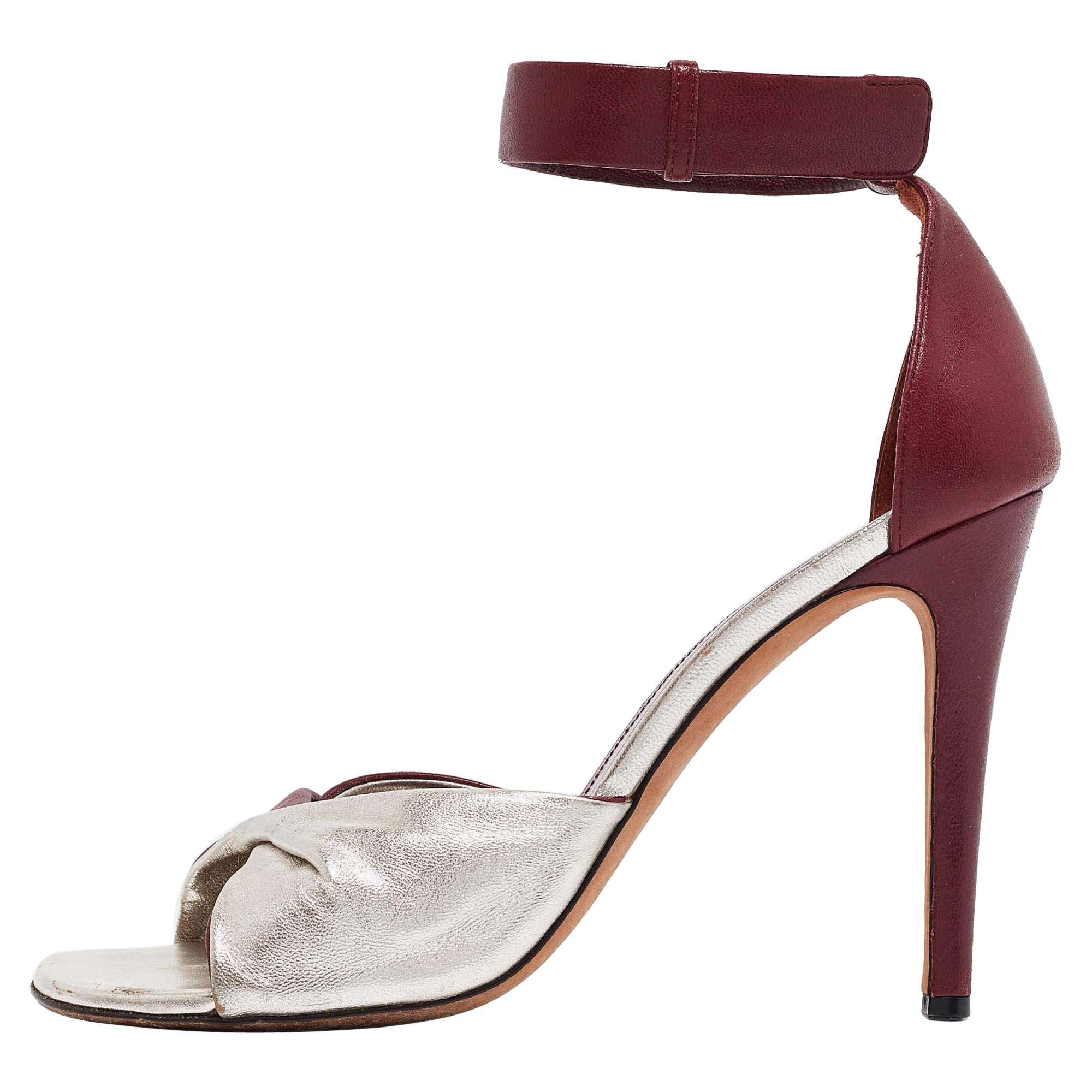 Celine Burgundy/Silver Leather Ankle Strap Sandals Size 38 For Sale