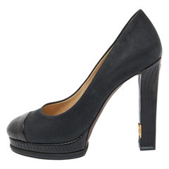 Chanel Black Leather Cap Toe Platform Pumps Size 39.5