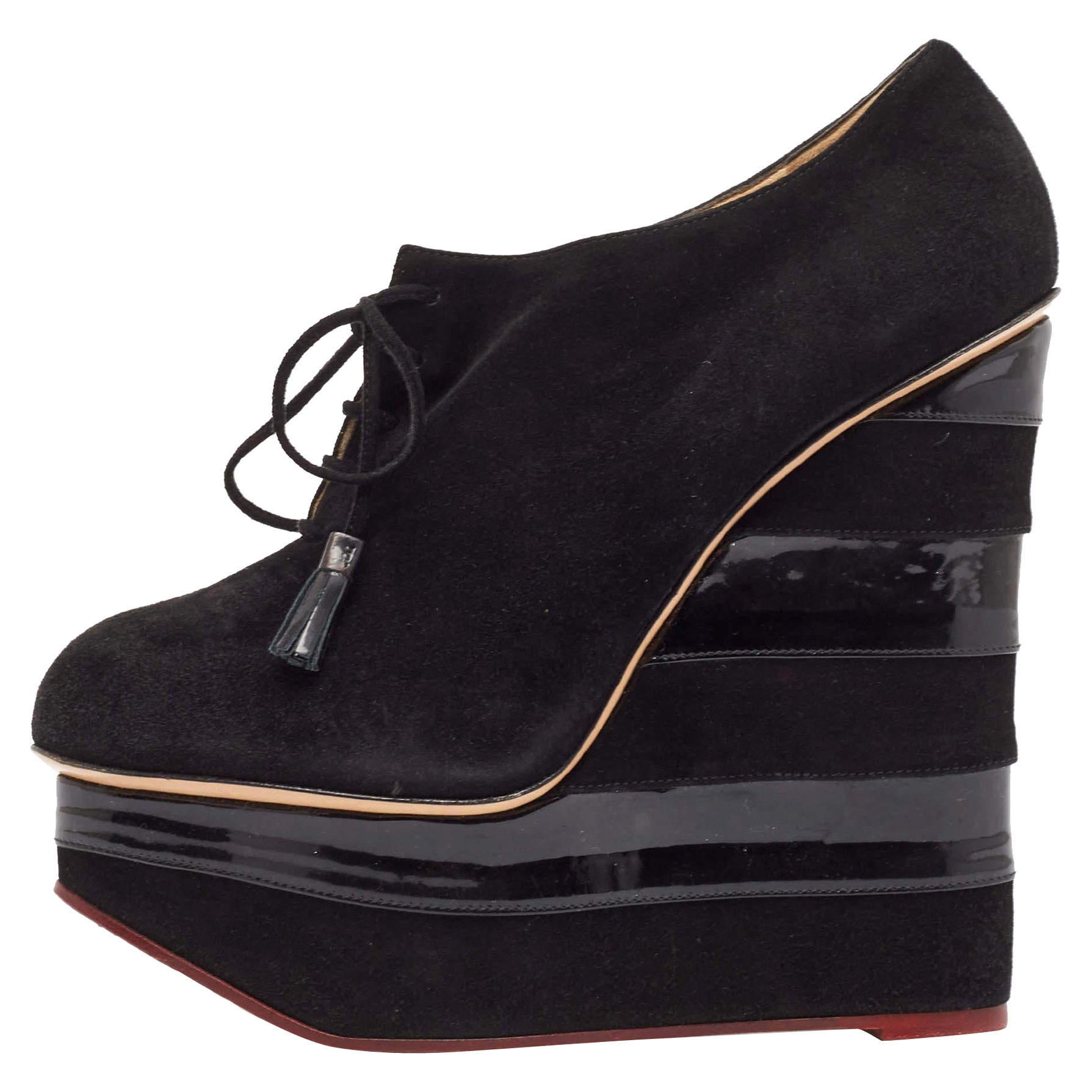 Charlotte Olympia Black Suede and Patent Leather Martha Wedge Booties Size 40 For Sale