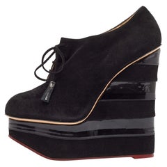 Charlotte Olympia Black Suede and Patent Leather Martha Wedge Booties Size 40