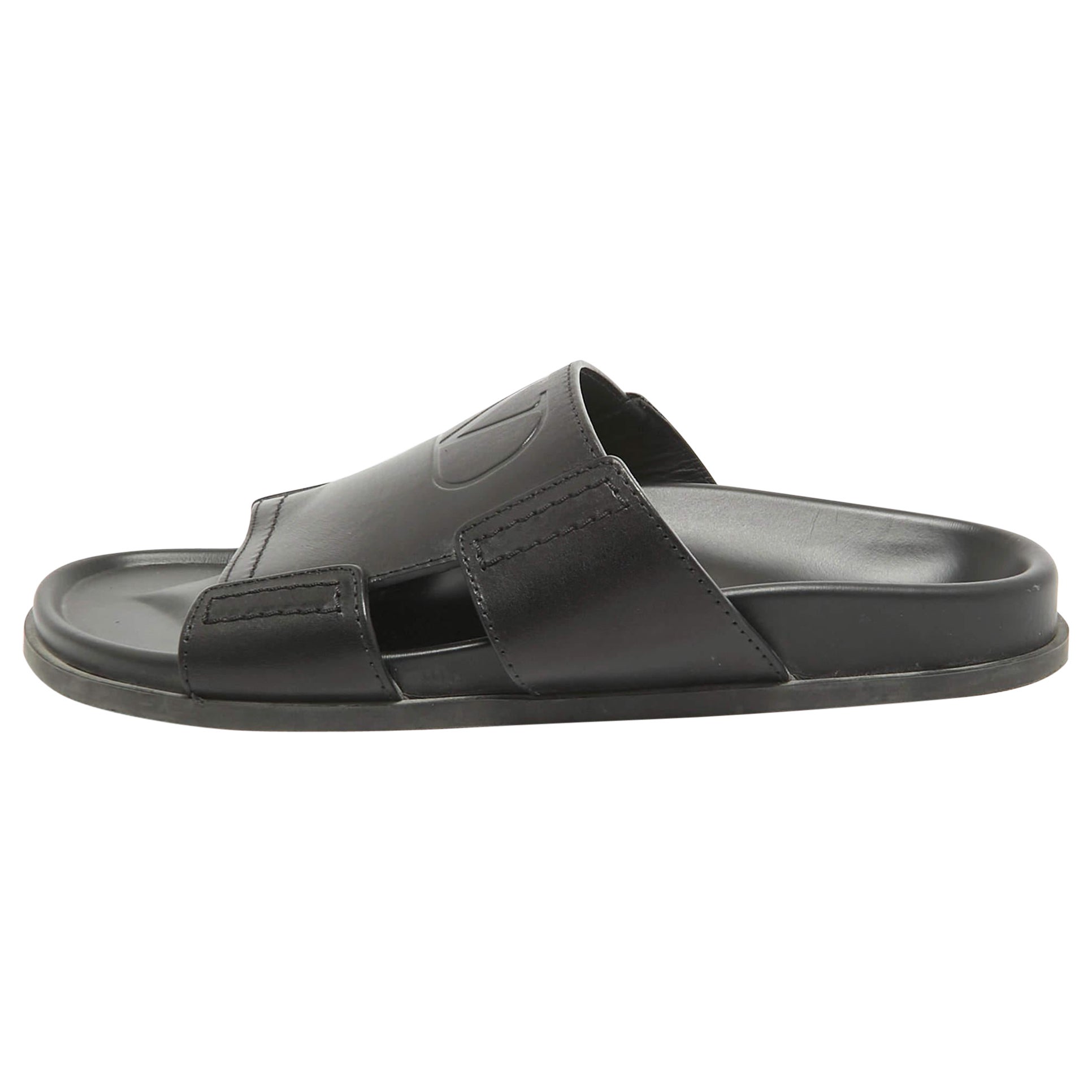 Valentino Black Leather Escape V logo Slide Sandals Size 41 For Sale