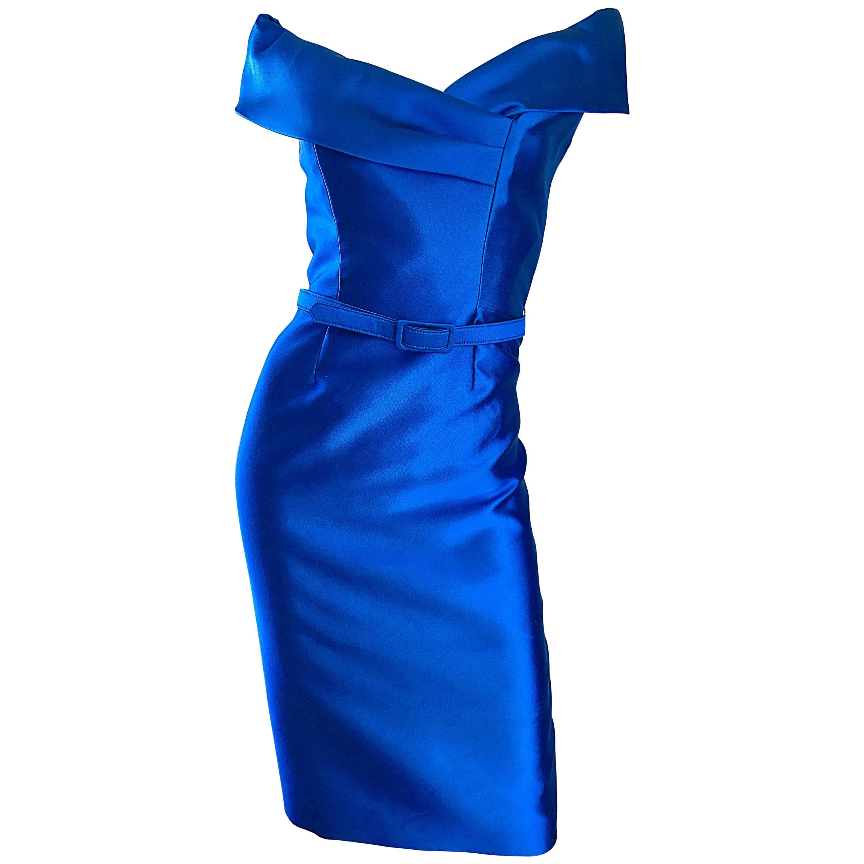 Catherine Regehr Saks 5th Ave Royal Blue Silk Off - Shoulder Belted Dress Size 6