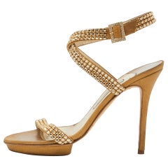 Gina Gold Crystal Embellished Suede Ankle Wrap Sandals Size 39