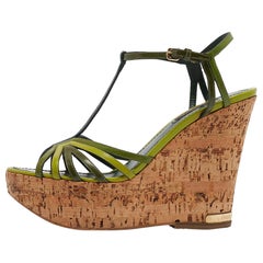 Louis Vuitton Green Patent Leather Summertime Cork Wedge Sandals Size 38