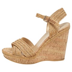 Stuart Weitzman Beige Raffia Cork Wedge Sandals Size 39.5