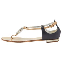Giuseppe Zanotti Brown/Navy Blue Leather and Satin Ankle Strap Sandals Size 39.5