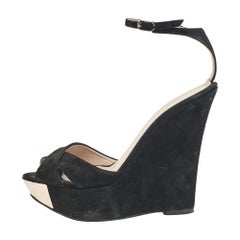 Le Silla Black Suede Wedge Ankle Wrap Sandals Size 40