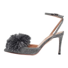 Aquazzura Silver Lurex Fabric Powder Puff Pumps Size 35.5