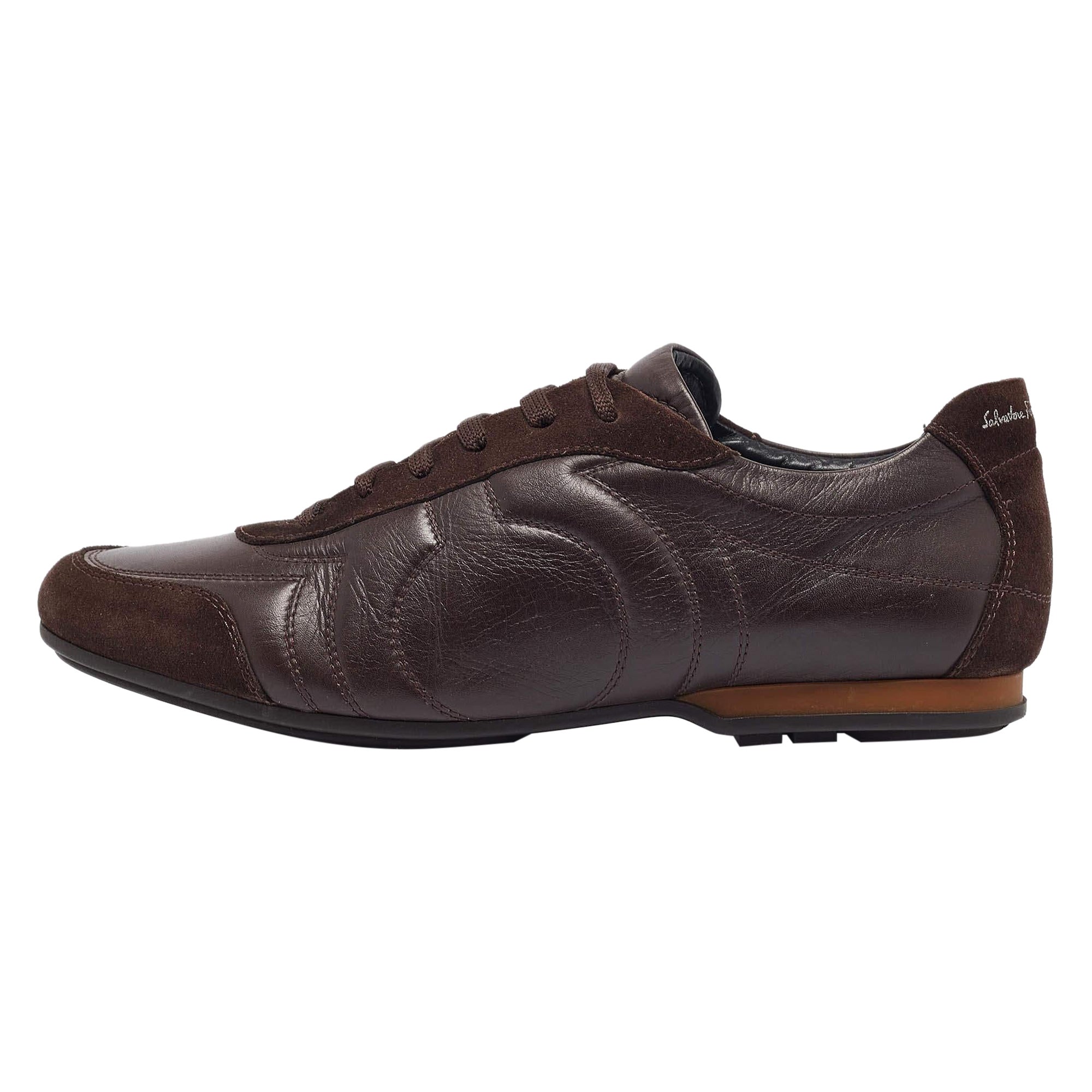 Salvatore Ferragamo Brown Leather and Suede Low Top Sneakers Size 43.5 For Sale