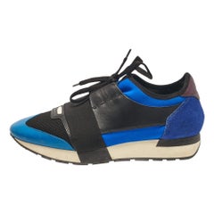 Balenciaga Blue/Black Leather and Mesh Race Runner Lace Up Sneakers Size 41