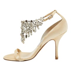 Jimmy Choo Gold Satin Crystal Embellished Ankle Strap Sandals Size 38