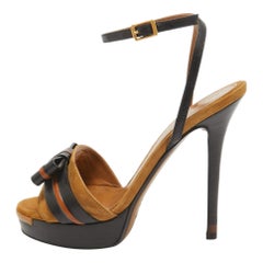 Fendi Black/Brown Leather and Suede Bow Platform Ankle Strap Sandals Size 37