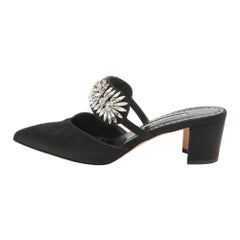 Manolo Blahnik Black Satin Crystal Embellished Mules Size 38
