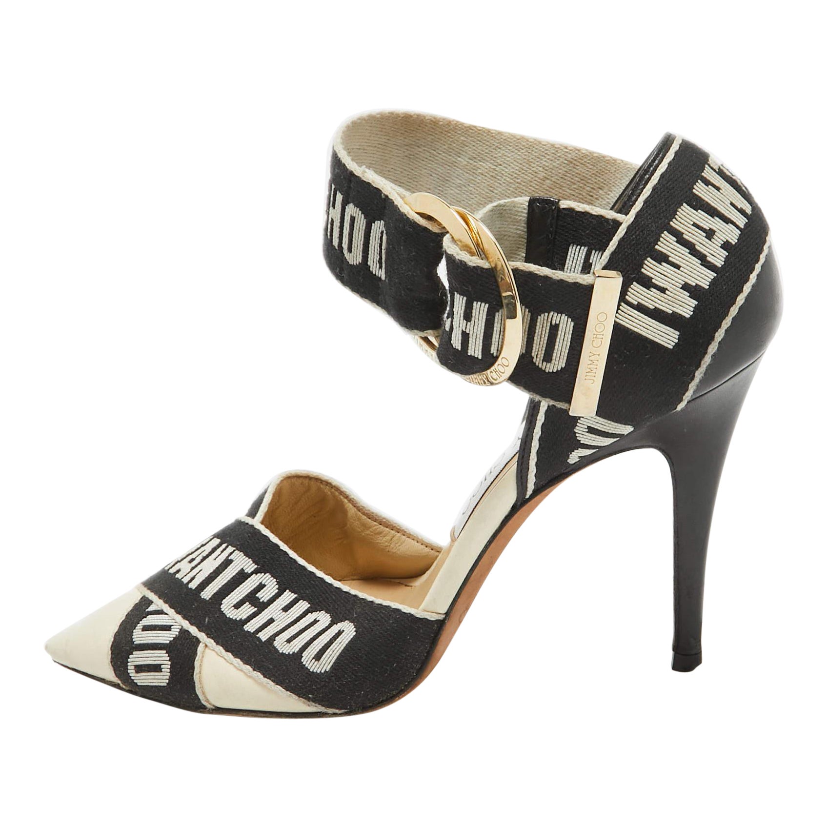 Jimmy Choo White/Black Leather and Canvas Buckle Pumps Size 37 For Sale