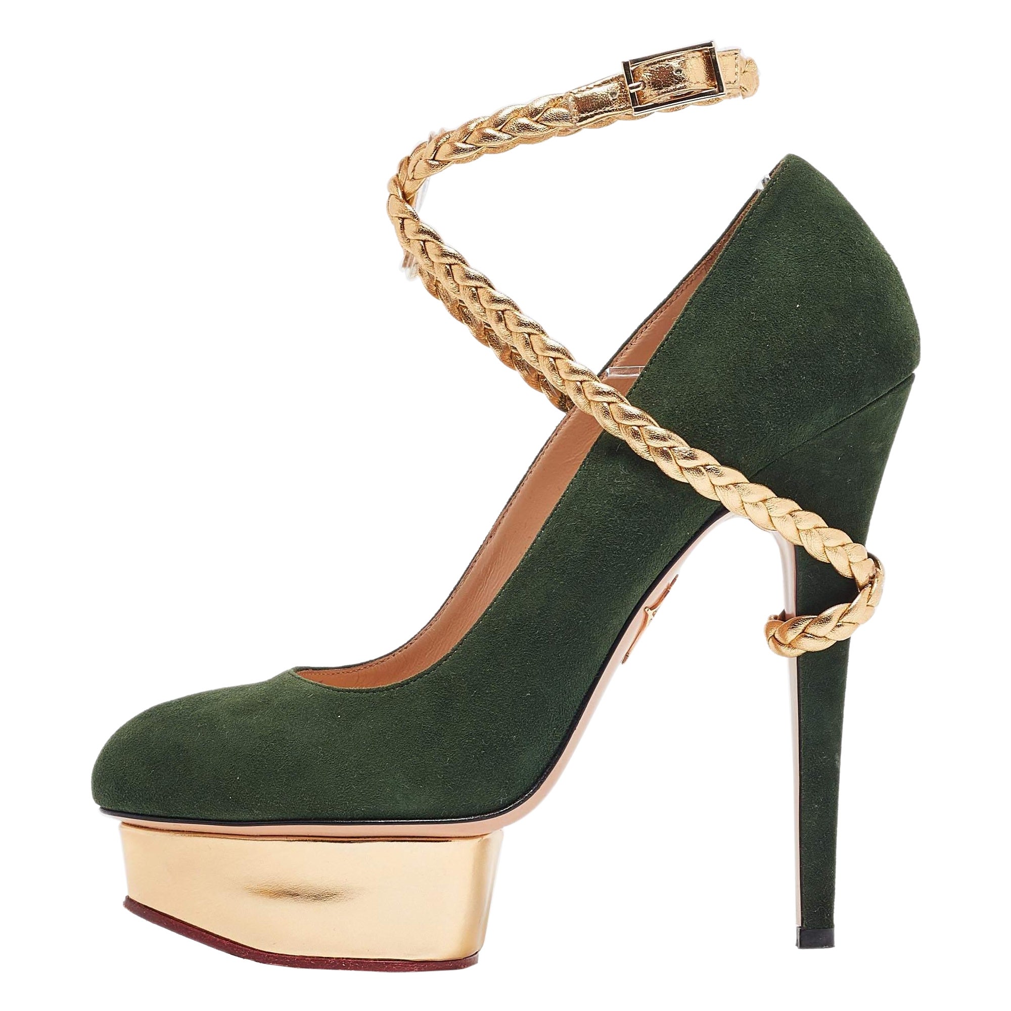 Charlotte Olympia Green/Gold Suede Braided Leather Dolly Ankle Strap Pumps 38.5 For Sale