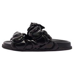 Valentino Black Leather 03 Rose Edition Atelier Flat Slides Size 36