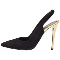 Fendi Black/Gold Laminated Leather and Suede Slingback Sandals Size 38