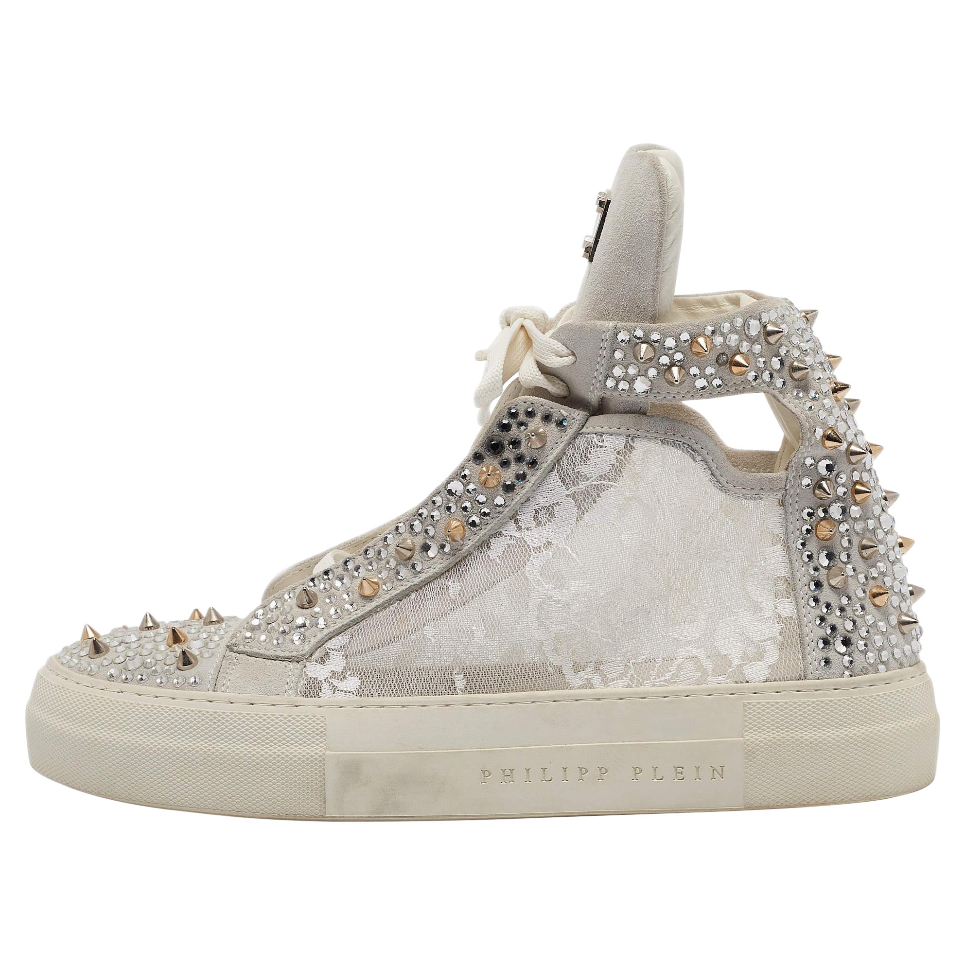 Philipp Plein Grey Lace and Suede High Top Sneakers Size 39 For Sale