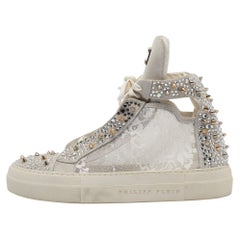 Philipp Plein Grey Lace and Suede High Top Sneakers Size 39