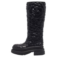 Valentino Black Rubber Rose Atelier Knee Length Boots Size 36