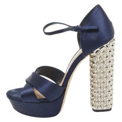Miu Miu Navy Blue Satin Crystals Heel Platform Sandals Size 37